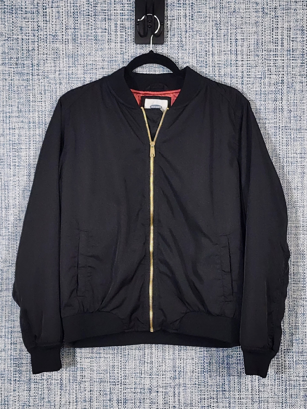 Old Navy Bomber Jacket Black Full Zip Gold Zipper Contrast Pink Lining Size Larg